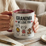 Caneca Grandma We Love You Kids Illustration Family<br><div class="desc">This mug features the phrase “Grandma We Love You” together with cheerful children illustrations and names beneath each character. The playful artwork represents grandchildren showing love for their grandmother in a warm and joyful design. The names can be edited so each child character reflects a grandchild in the family. The...</div>