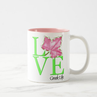 Caneca grega da vida do amor cor-de-rosa e verde