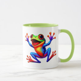 Caneca Grenouille cartoon multicolore avec grand sourire.