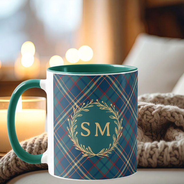 Caneca Grinalda Dourada Clássica Monograma Xadrez Tartan  (Criador carregado)