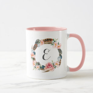 Caneca Grinalda floral da aguarela com monograma das