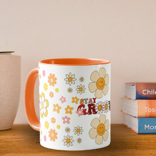 Caneca Groovy Retro Daisy Flowers Padrão Boho Floral