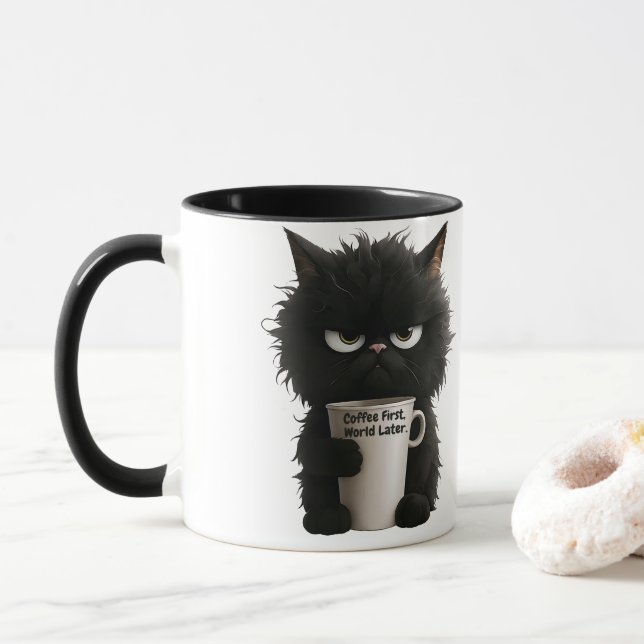 Caneca Grumpy Cat Coffee Mood T-Shirt Funny Black Fluffy  (Com Donut)