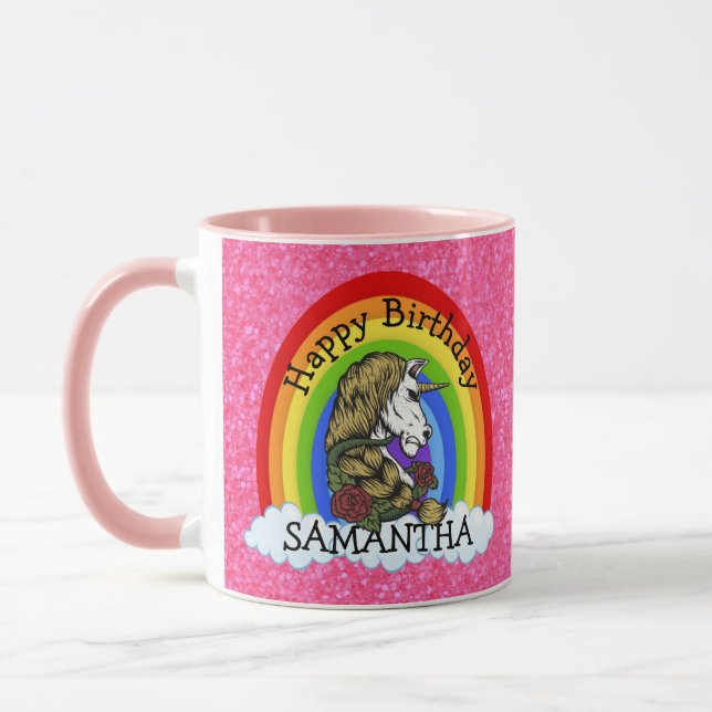 Caneca Guerreiro Unicórnio Feliz NASCIMENTO Rosa Mágica (Esquerda)