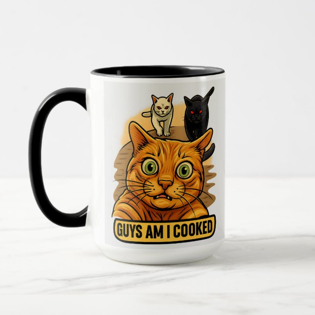 Caneca Guys Am I Cooked? Funny Cat Meme Panic Reaction (Esquerda)