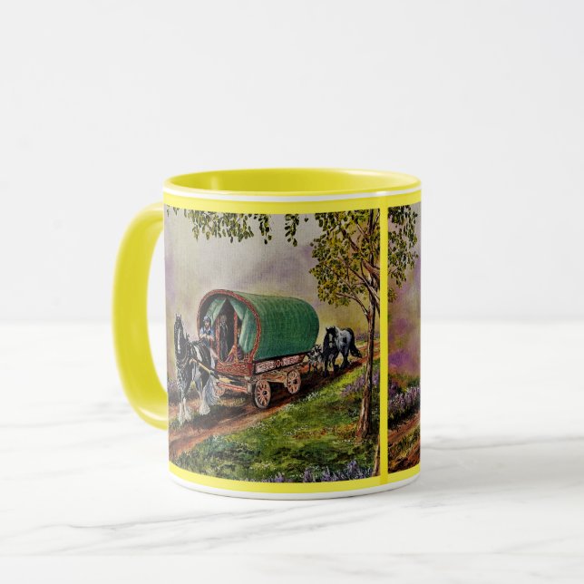 Caneca Gypsy Vanner cavalo irlandês Caravan vagão amarelo (Frente Esquerda)