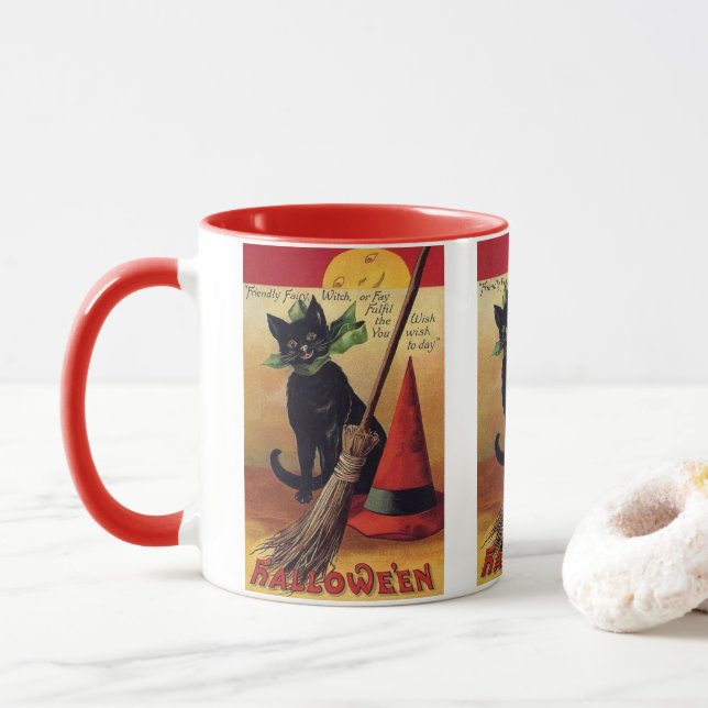 Caneca Halloween Antigo por Ellen Clapsaddle, Gato Preto (Com Donut)