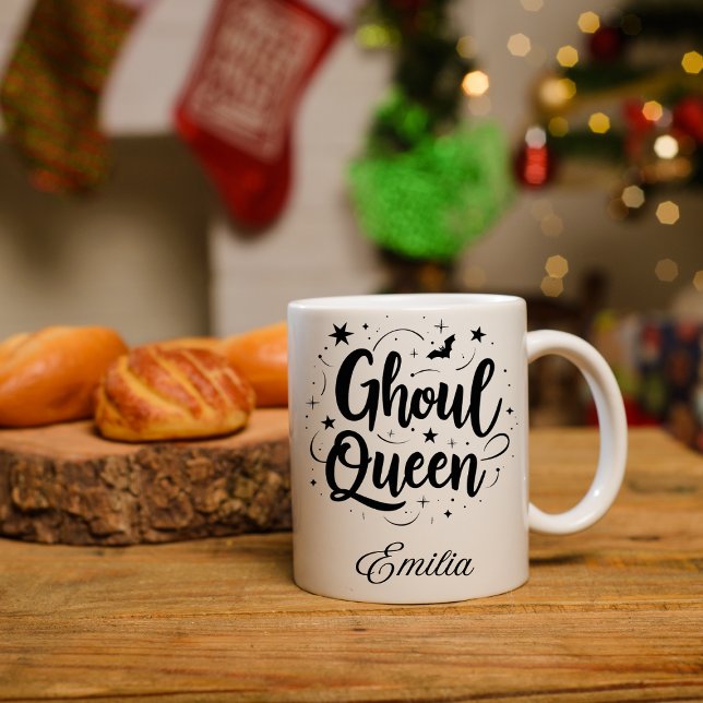 Caneca Halloween Black and White, nome da Rainha Elegante (Criador carregado)