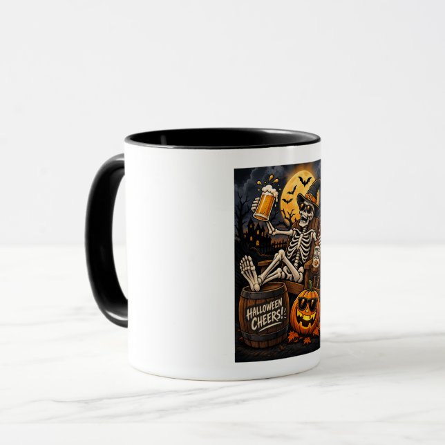 Caneca Halloween Cheers! Esqueleto Relaxado com Ce (Frente Esquerda)