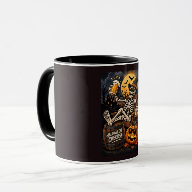 Caneca Halloween Cheers! Esqueleto Relaxado com Ce (Frente Esquerda)
