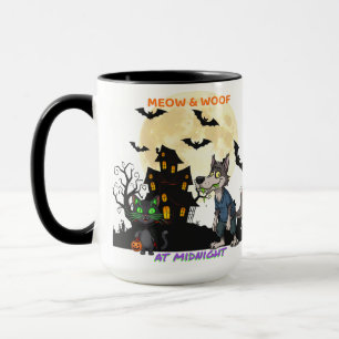 Caneca Halloween "Meow & Woof at Midnight" Cat & Werewolf