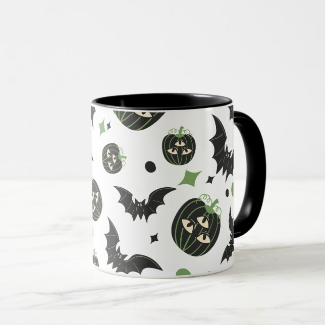 Caneca Halloween Moderno de 3 Olhos de Pumpkin e Bats (Frente Esquerda)