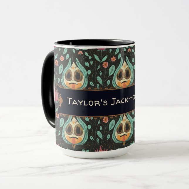 Caneca Halloween Personalizado De Caveira Floral Simulada (Frente Esquerda)