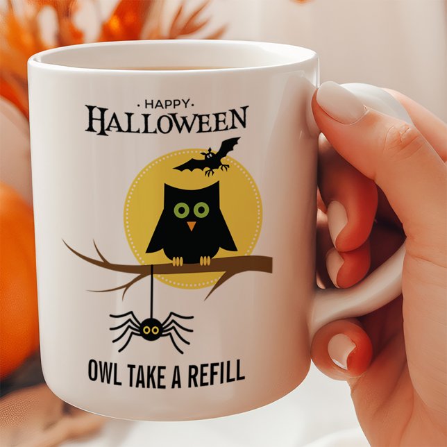 Caneca Halloween Personalizável de Spooky Owl e Aranha (Criador carregado)