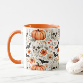 Caneca Halloween Skulls flores e abóboros