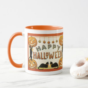 Caneca Halloween Vintage, Gatos Pretos com Jackolanterns
