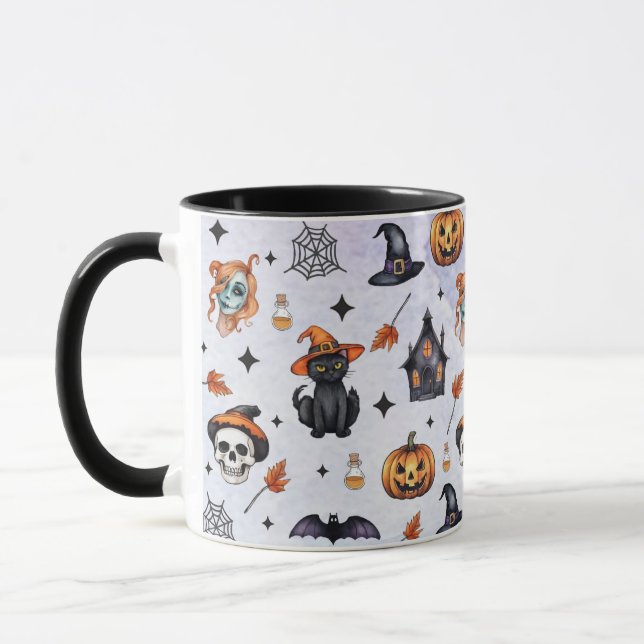 Caneca Halloween Watercolor Pumpkin Cat Skull (Esquerda)