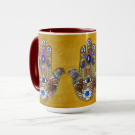 Caneca Hamsa Hearts Flowers Opal Art em Dourado