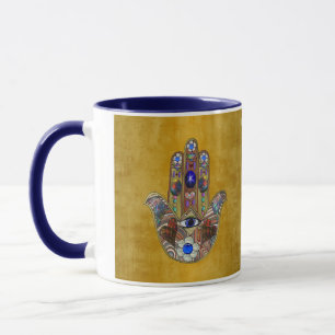 Caneca Hamsa Hearts Flowers Opal Art em Dourado