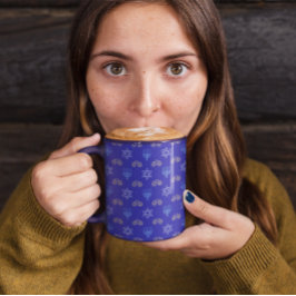 Caneca Hanukkah Dourada Dreidel Star de David Menorah Blu