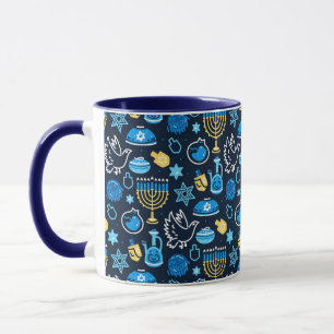 Caneca Hanukkah - Símbolos Padrão Azul