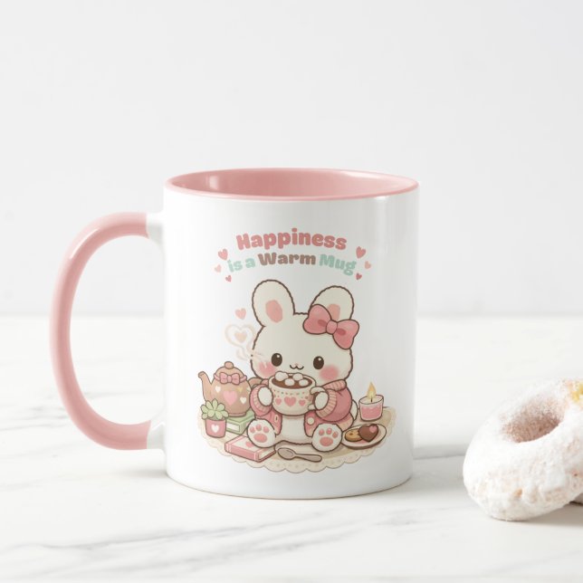 Caneca Happiness is a Warm Mug Cute Bunny Rabbit Pink (Com Donut)