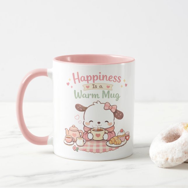 Caneca Happiness is a Warm Mug Cute Puppy Dog Pink Mug (Com Donut)
