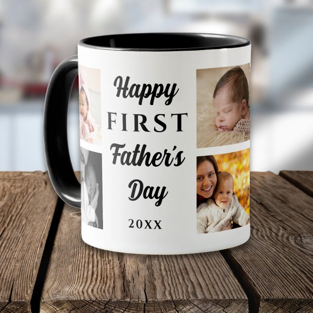 Caneca Happy First Father's Day Black 8 Photo Collage Dad (Criador carregado)