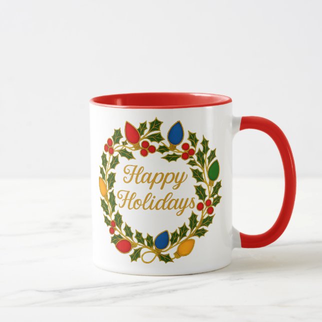 Caneca Happy Holidays Wreath Christmas Lights and Holly (Direita)