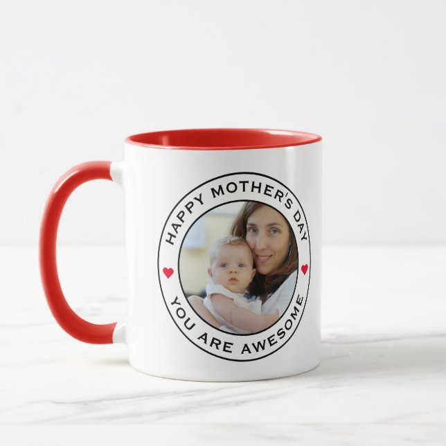 Caneca Happy Mothers Day Photo Heart Red White Black Text (Esquerda)