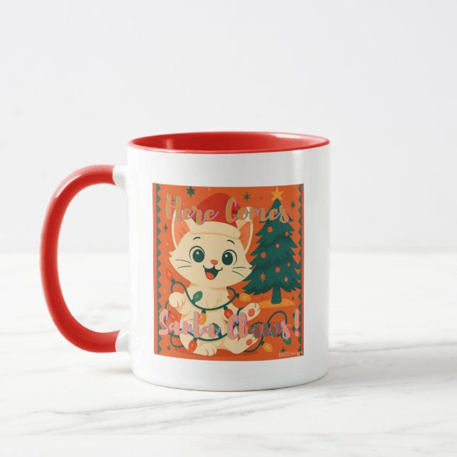 Caneca Here Comes Santa Claws! Cute & Funny Cat (Esquerda)