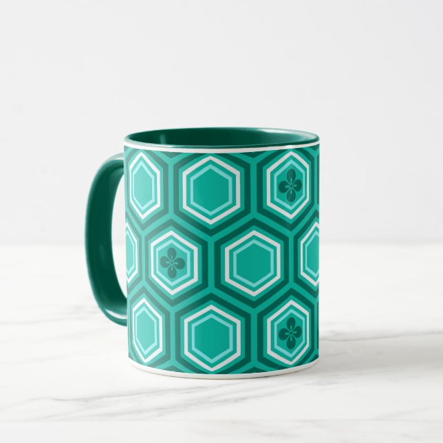 Caneca Hexagonal Kimono Impressão, Teal, Aqua e White (Frente Esquerda)