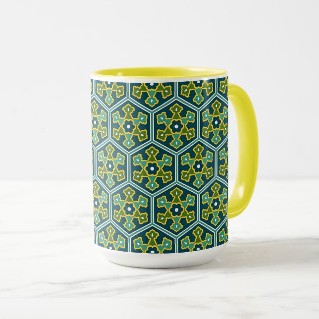 Caneca Hexágono Turco Amarelo Azul Vintage Verde (Frente Esquerda)