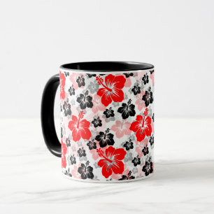 Caneca Hibisco Tropical Vermelho Preto Estampa Floral