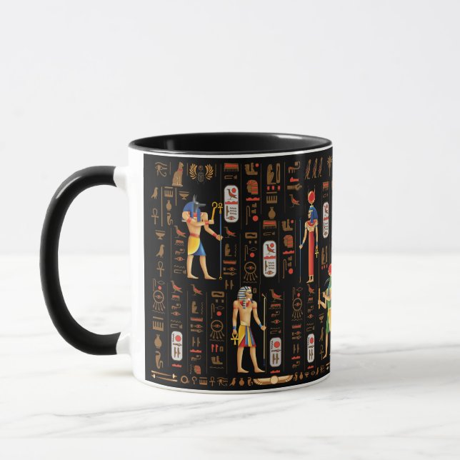 Caneca Hieróglifos e deidades Dourados egípcios em preto (Esquerda)