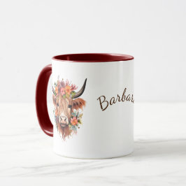 Caneca Highland Cow Boho | Nome com Design de Flores