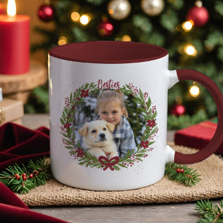 Caneca Holiday Photo Elegant Wreath Red Christmas Bow