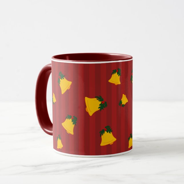 Caneca Holiday Red Gold Stripe Bells Christmas (Frente Esquerda)