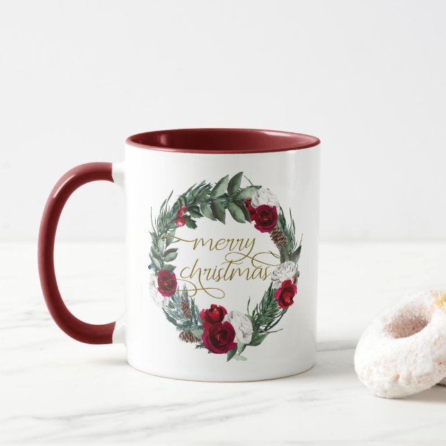 Caneca HOLLY Burgundy Winter Floral Felry Christmas (Com Donut)