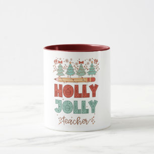 Caneca Holly Jolly Teacher Retro Natal