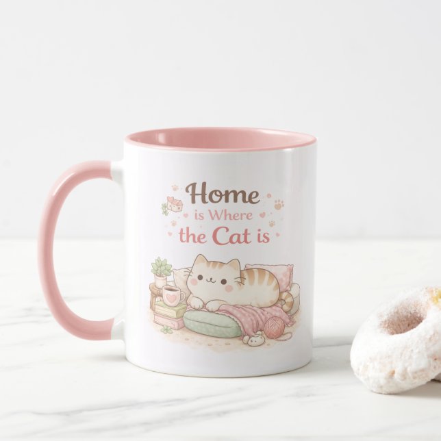 Caneca Home is Where The Cat Is Cute Kitty Coffee Pink (Com Donut)