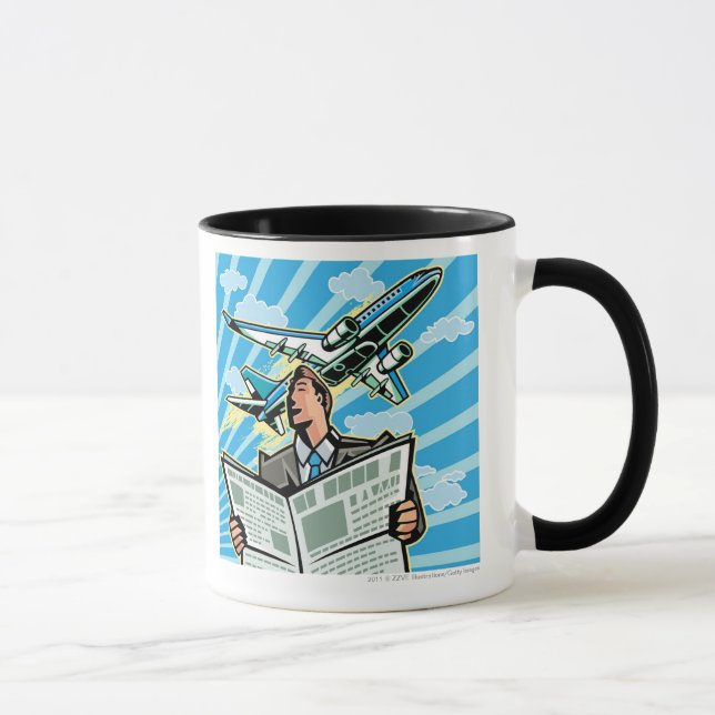 Caneca Homem de negócios com jornal e avião acima (Direita)