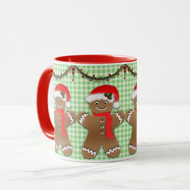 Caneca Homens do Pão-do-Natal em Crianças Gingham Verdes (Frente Esquerda)