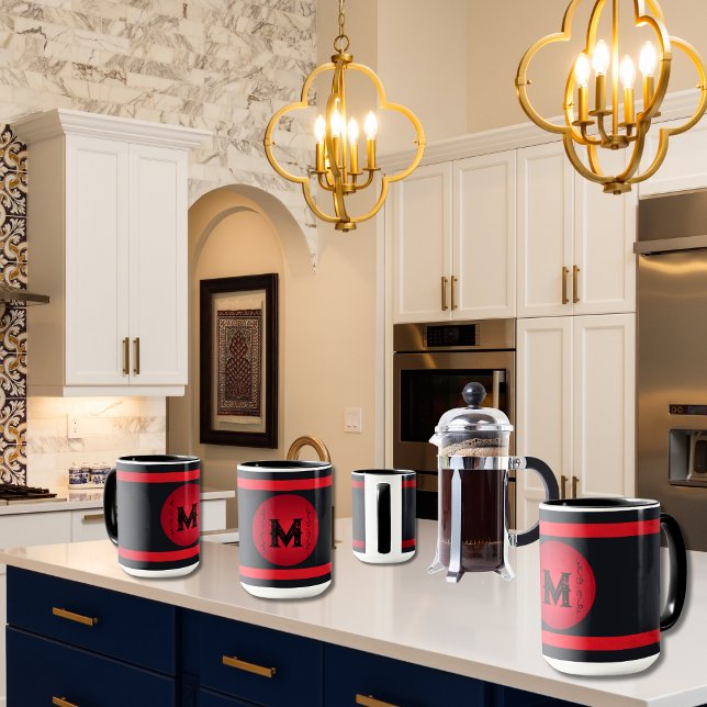 Caneca Horizontal Vermelho Preto Minimalista - Stripes Ho (Vivid red and black personalized initial with scrollwork mugs. Great as family gifts or businesses!)