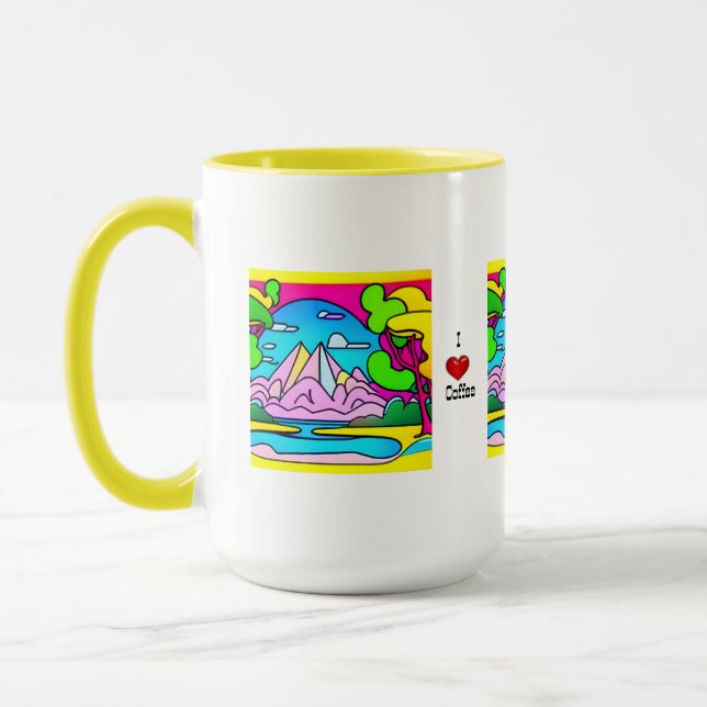Caneca I Love Coffee-psychedelic mountain, stream & trees (Esquerda)