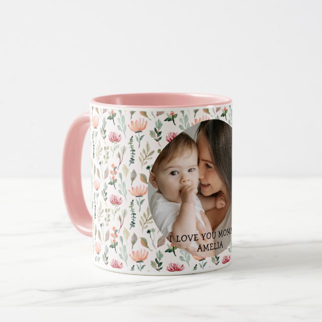 Caneca I Love my Mom Greenery Floral Mother Baby Photo  (Frente Esquerda)