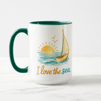 Caneca I Love the Sea Sailboat Sunset Ocean Illustration