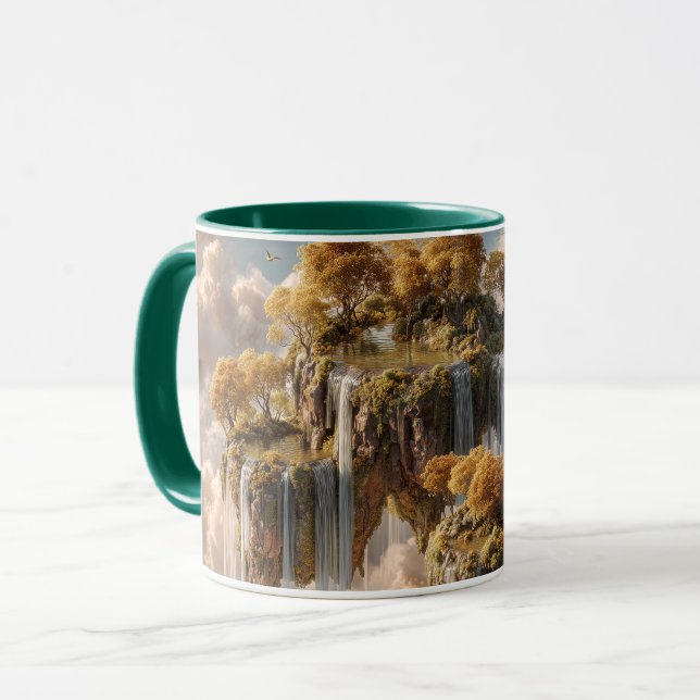 Caneca Ilhas Flutuantes Surreais Com Árvores Douradas (Frente Esquerda)