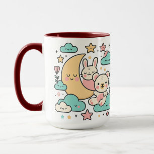 Caneca Ilustração Caprichosa de Coelho e Urso sob a Lua