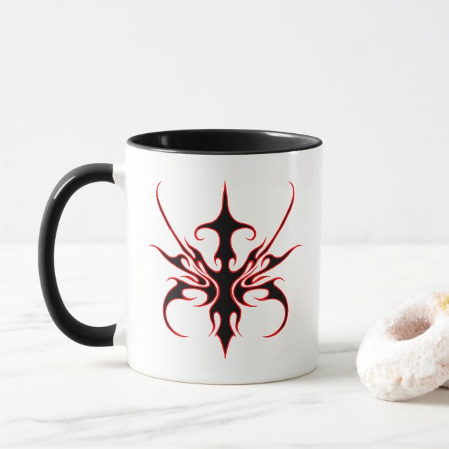 Caneca Ilustração de Arte Linear Tribal Preta e Vermelha  (Com Donut)